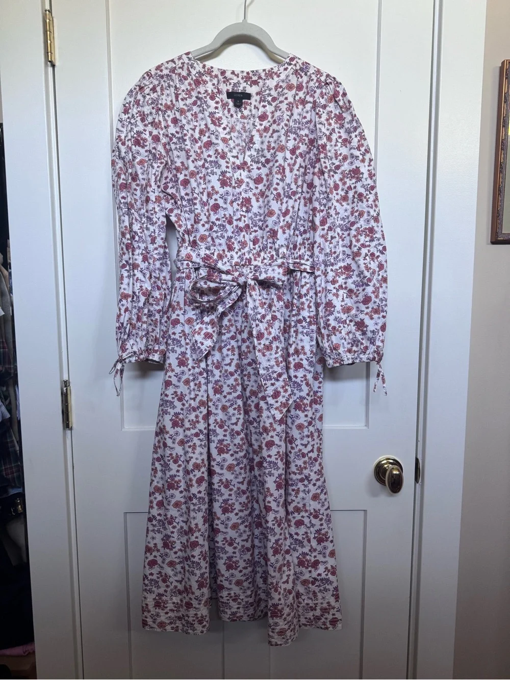 J Crew Floral Tie-Waist Midi Dress - White with Rose Print